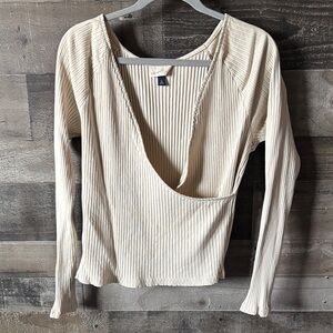 Universal Thread Cream Ribbed V Wrap Long-Sleeve Top